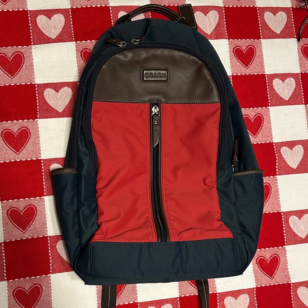 Coach Unisex Canvas Laptop Backpack in Red and Navy